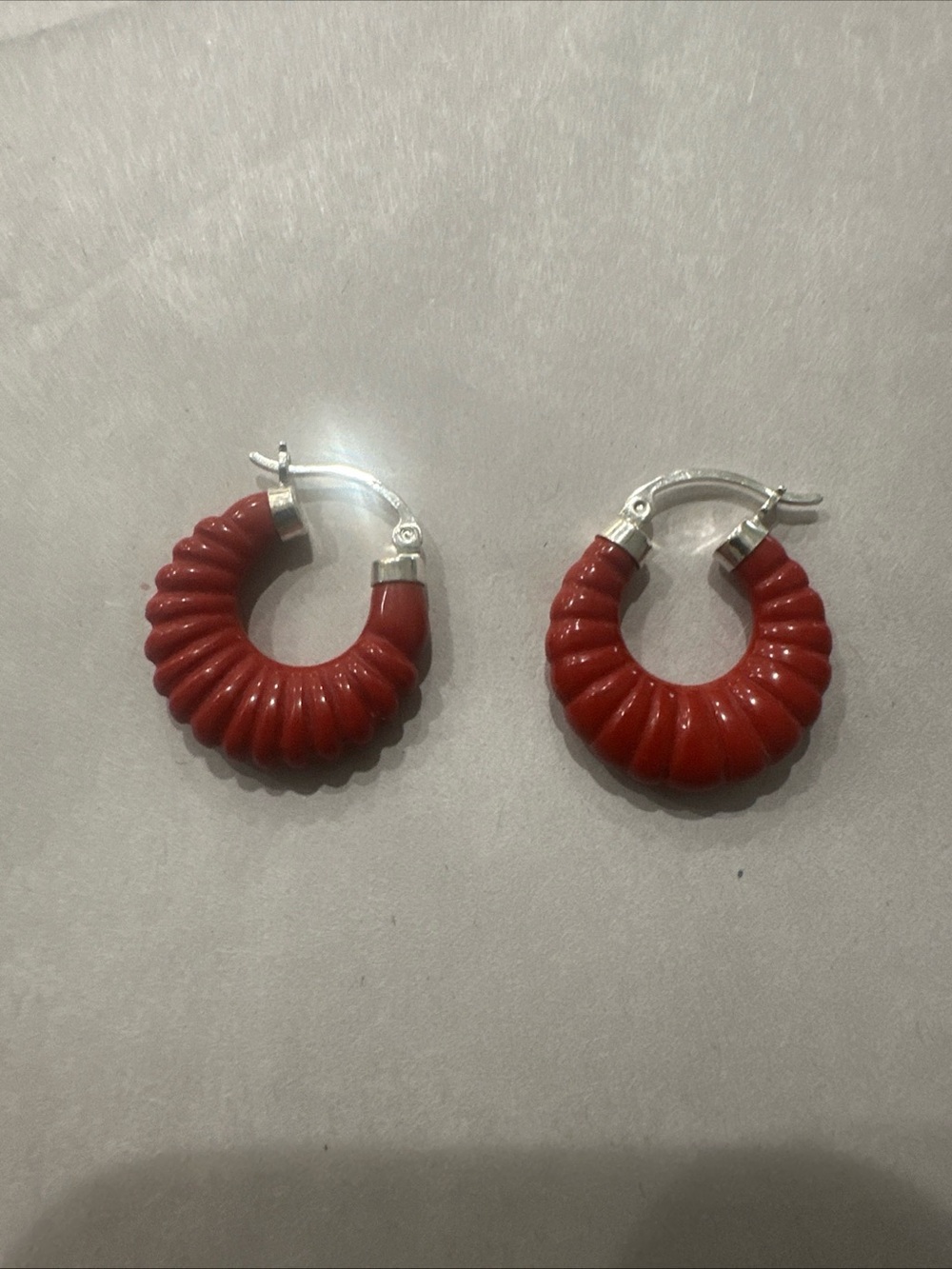 Bold coral Red Ribbed Hoop Earrings with Silver- Clasp